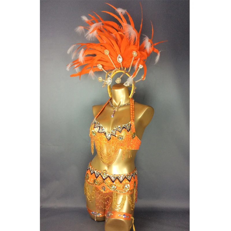 New Sexy Samba Rio Carnival Costume Beaded Sequins belly dance costume with Orange Feather Head piece Outfit