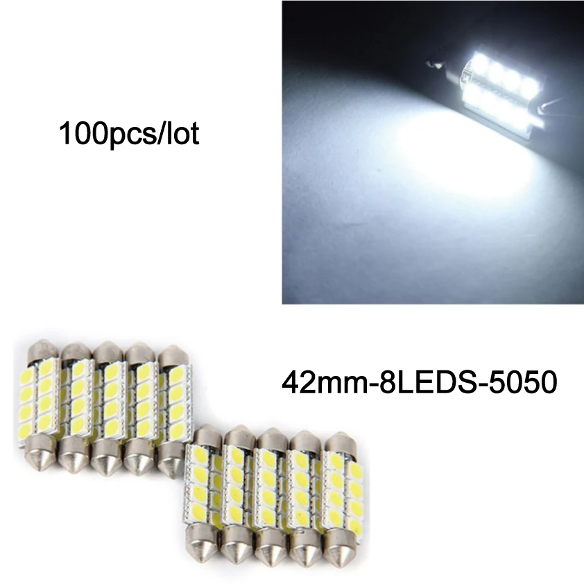 100 Pieces 42mm 5050 8SMD White Micro General drive Interior Festoon Dome LED Light Bulbs Lamp DC12V