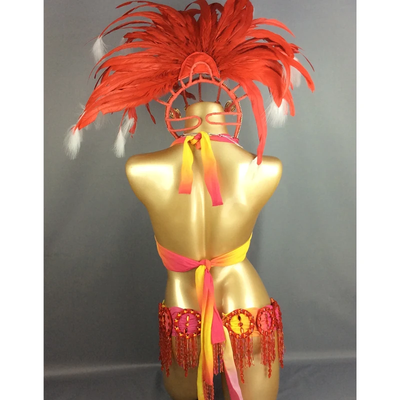 New Sexy Samba Rio Carnival Costumes Set For Women Beaded Sequins Belly Dance Costume With Red Feather Head piece