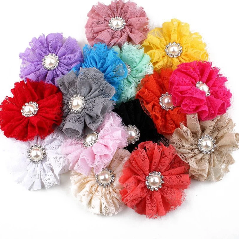 10pcs/lot 7cm 15colors Hair Clips Mesh Lace Flower+Metal Pearl Button For Hair Accessories Shabby Fabric Flowers For Headbands