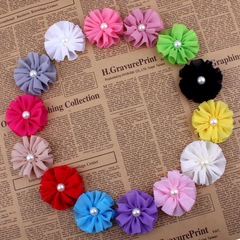 10pcs/lot 6.5cm 15colors Hair Clips Ballerina Chiffon Flower With Pearl For Girls Hair Accessories Fabric Flowers For Headbands