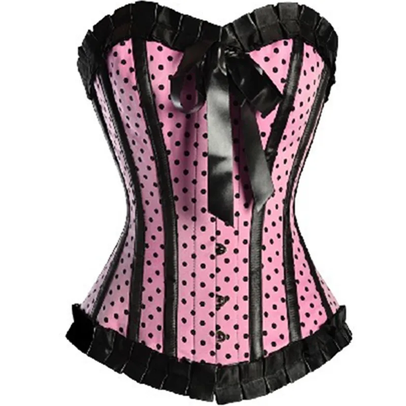 Pink Satin Polka Dot Burlesque Corset Sexy Front Buckle Overbust Lace Up Boned Corselet Women Slimming Waist Vintage Bustier Top