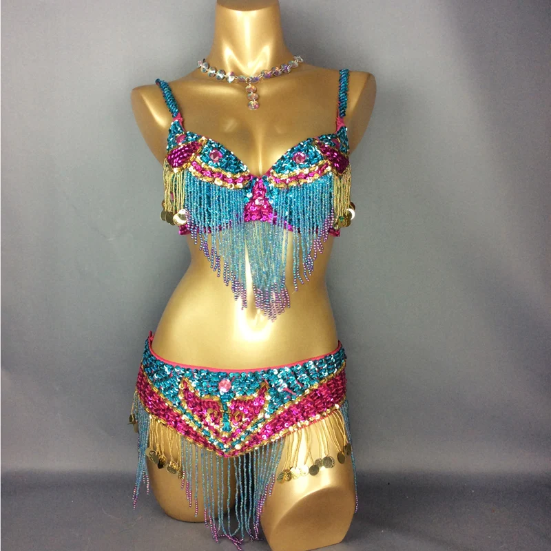 Sexy Samba Rio Carnival Costume For Women Handmade Beaded Sequins Belly Dance Costume Set Turquoise Hot pink Feather Head piece