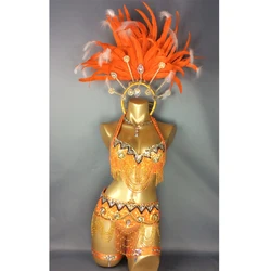 New Sexy Samba Rio Carnival Costume Beaded Sequins belly dance costume with Orange Feather Head piece Outfit