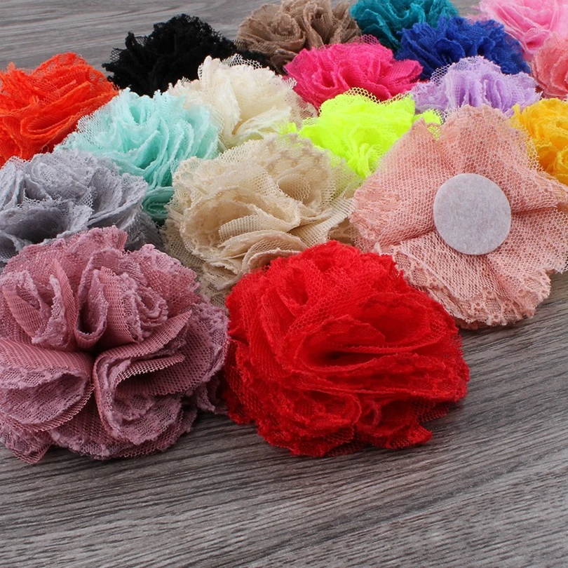 10pcs/lot 7cm 19 Colors Shabby Wool Mesh Flowers Hair Clips For Kids Hair Accessories Artificial Fabric Flowers For Headbands