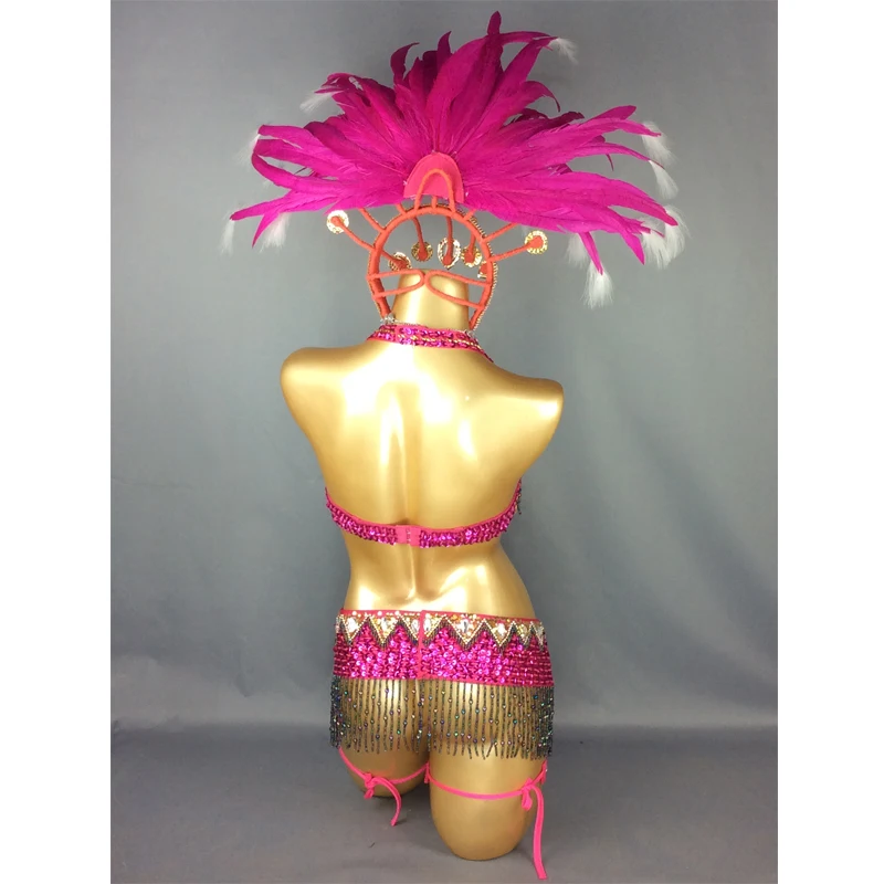 Handmade Sexy Samba Rio Carnival Costume For Women New Beaded Sequins Belly Dance Costume with hot pink Feather Head piece