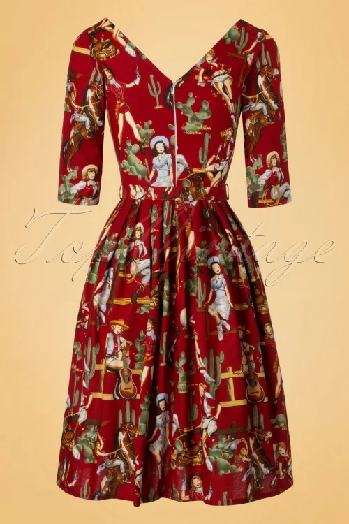 40- summer women vintage 50s red livia cowgirl frock v neck swing midi dress rockabilly pinup vestidos plus size 4xl dresses