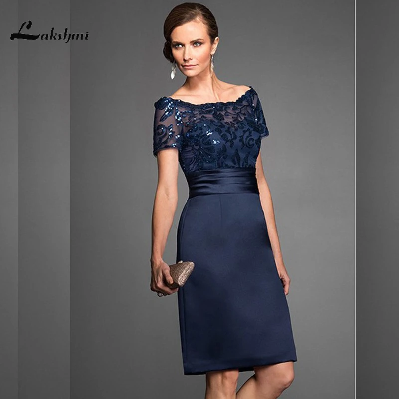 

Elegant Navy Scoop Sheath Navy Mother of the Bride Dresses Satin Short Sleeves Sequin Knee Length Wedding Guest Gown Custom Made