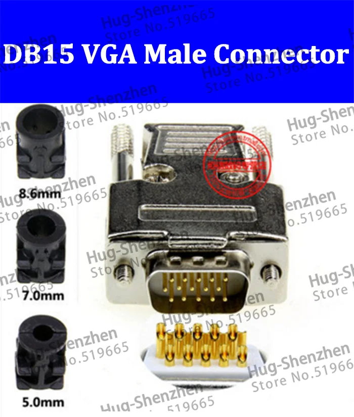 Top D-Sub 15-pin DB15 VGA 3 row gold plate plug (male) solid pin module + removable metal shell cover housing