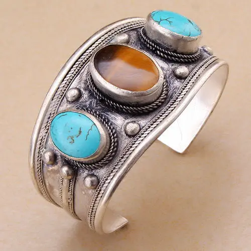 

Turquoise Oval Tiger's eye bead Tibetan silver cuff bracelet Adjustable Size Jewelry for Women Girls or Men's