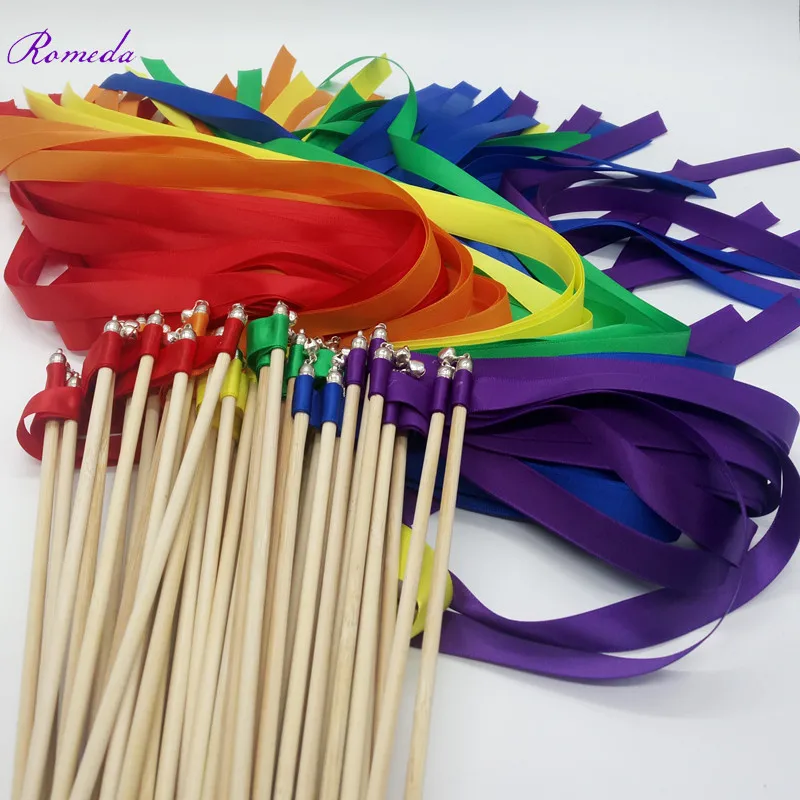 FREE SHIPPING--Style A rainbow ribbon wedding wands with silver bell Wedding Ribbon Stick,ribbon Twirling Streamers