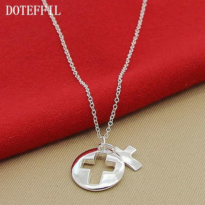 DOTEFFIL 925 Sterling Silver Round Cross Pendant Necklace 18 inch Chain For Women Wedding Engagement Party Jewelry