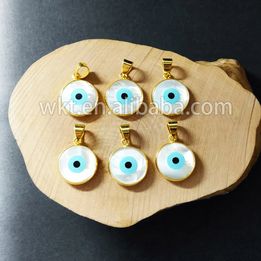 WT-P628 Wholesale new approach unique design gold color bezel eye pendant raw shell round evil eye pendant