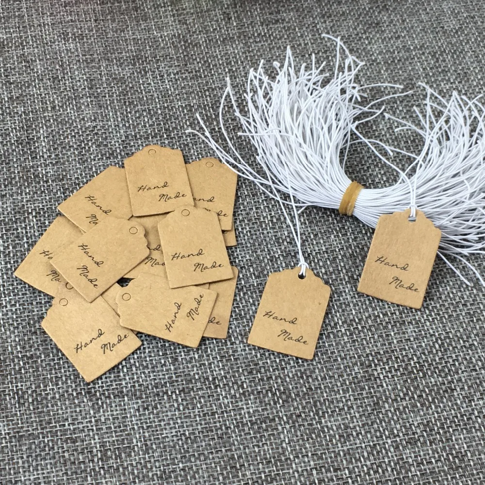 3*2cm 1000pcs Hand Made Small Gift Tags+1000pcs Strings Kraft Jewelry Blank Package Hang Tag Head Card DIY Accept custom logo