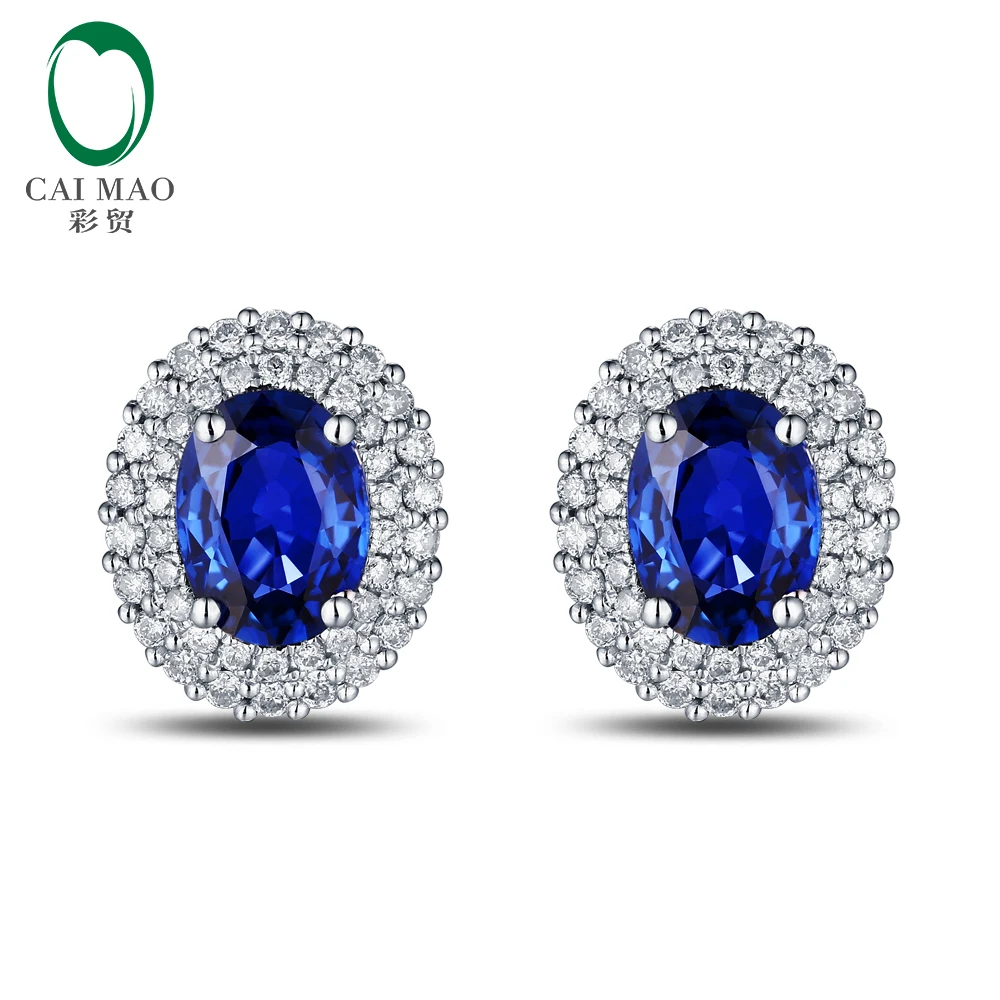 Free shipping 14KT/585 White Gold 1.93ct Natural Sapphire 0.5ct Natural Round Cut Diamond Engagement Gemstone Earring Jewelry