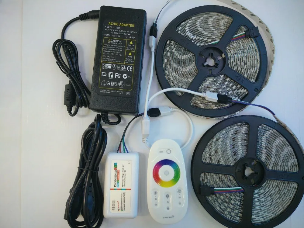 2.4G RGB led controller+5050 RGB 60L/m, 10m 600L led strip waterproof DC12V flexible led bar light+12V 8A adapter RGB LED kit