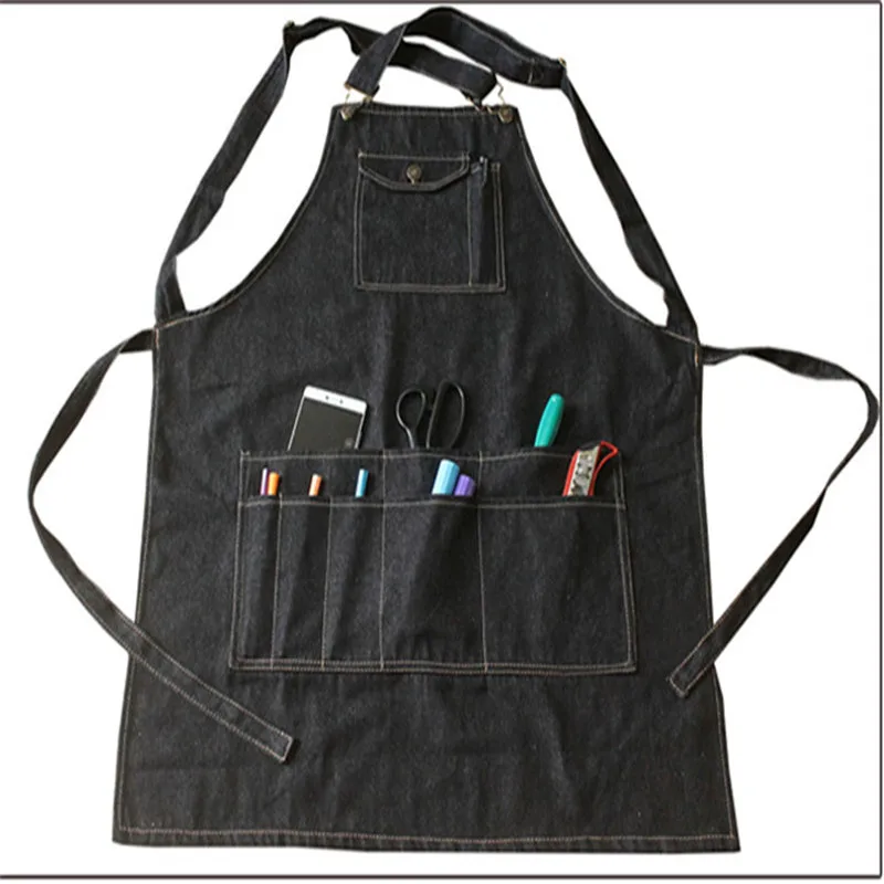 New Fashion Black Cotton Denim Apron Funny Cooking Work Aprons With Pockets Strap For Men Women Barber Cafe Restaurant Unisex