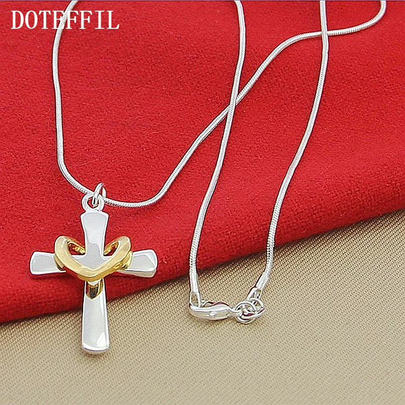 DOTEFFIL 925 Sterling Silver 18 Inch Snake Chain Cross Heart Pendant Necklace  For Woman Wedding Engagement Party Charm Jewelry