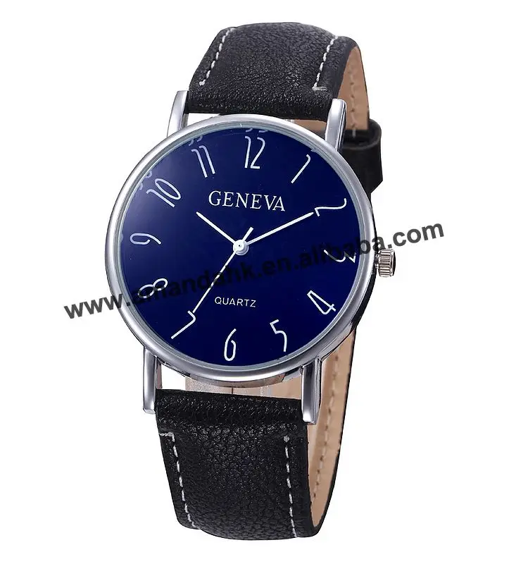 New Wholesale Fashion Geneva Silver Case Watch Hot Sale Men's Casual Leather Watches Blue Face Quartz Casual Sport Wrist Watch