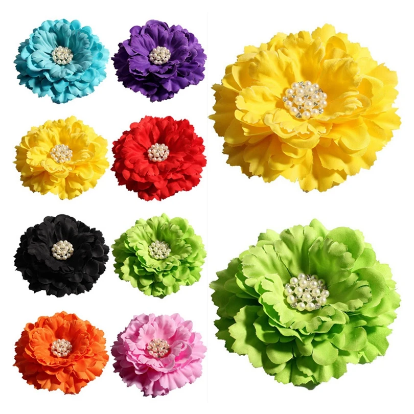 5pcs/lot 11cm 20colors Hair Clip Peony Flowers + Rhinestone Pearl Buttons For Kids Hair Accessories Fabric Flowers For Headband