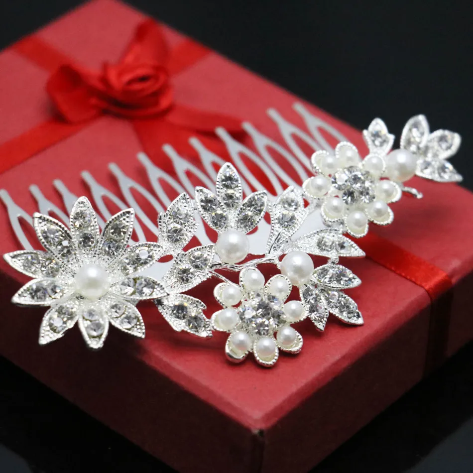 Trendy Hairwear Women Accessories Wedding Bridal Crystal Rhinestone Flower Faux Pearls Hairpin Diamante Hair Clip Comb 92*60mm