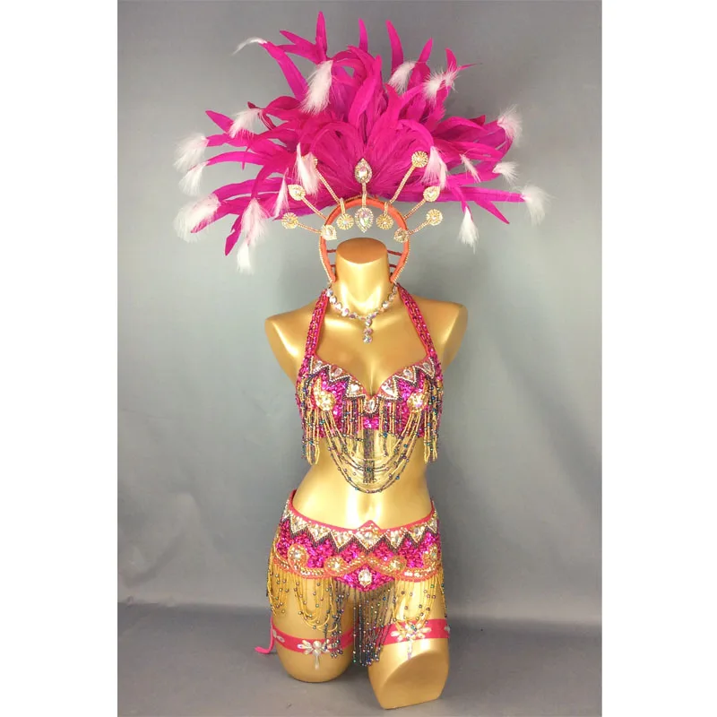 Handmade Sexy Samba Rio Carnival Costume For Women New Beaded Sequins Belly Dance Costume with hot pink Feather Head piece