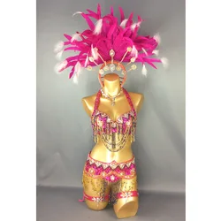 Handmade Sexy Samba Rio Carnival Costume For Women New Beaded Sequins Belly Dance Costume with hot pink Feather Head piece