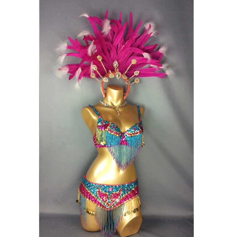 Sexy Samba Rio Carnival Costume For Women Handmade Beaded Sequins Belly Dance Costume Set Turquoise Hot pink Feather Head piece