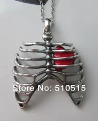 Gothic Rib Cage Necklace Anatomical Skeleton Human Red Heart Anatomy Medical Lung Pendant Gunmetal Charm Punk Jewelry