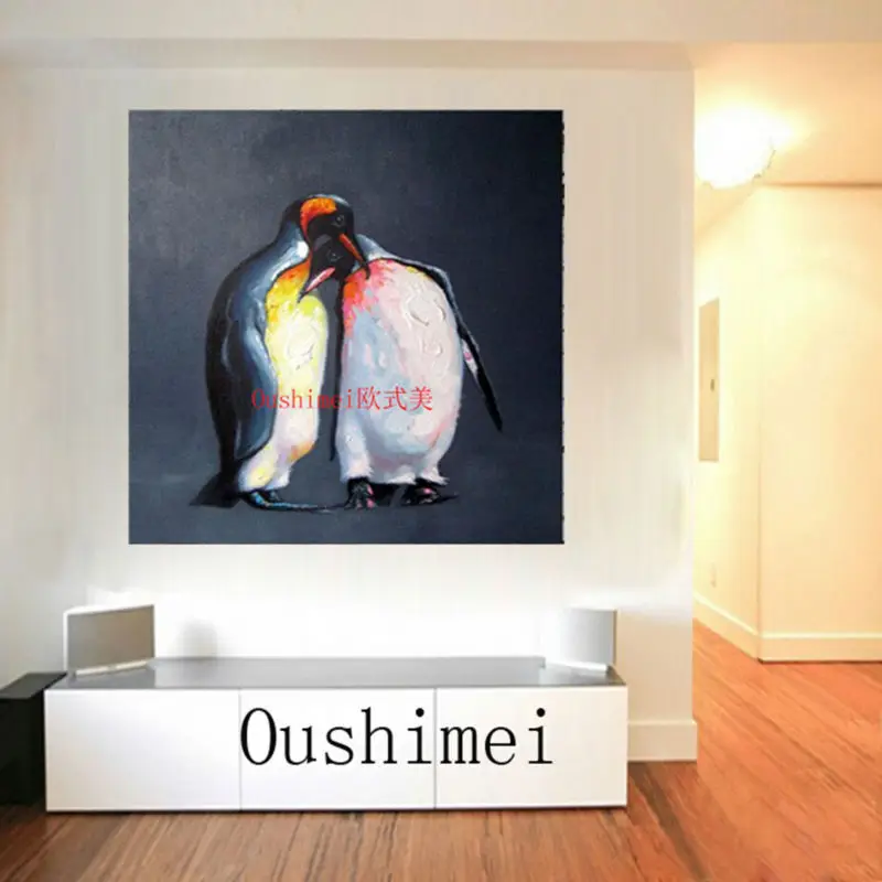 100% Hand Painted Animals Oil Painting on Canvas Wall Art for Living Room Decor Nestled Close Two Penguin Decoration Pictures