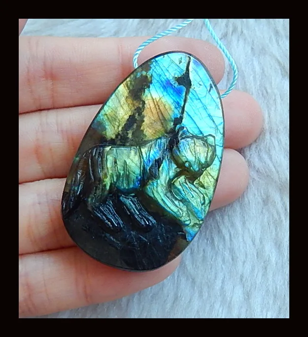 

Birthday Gift,Natural Gemstone Carved dog Labradorite Pendant,46x29x10mm,19.15g