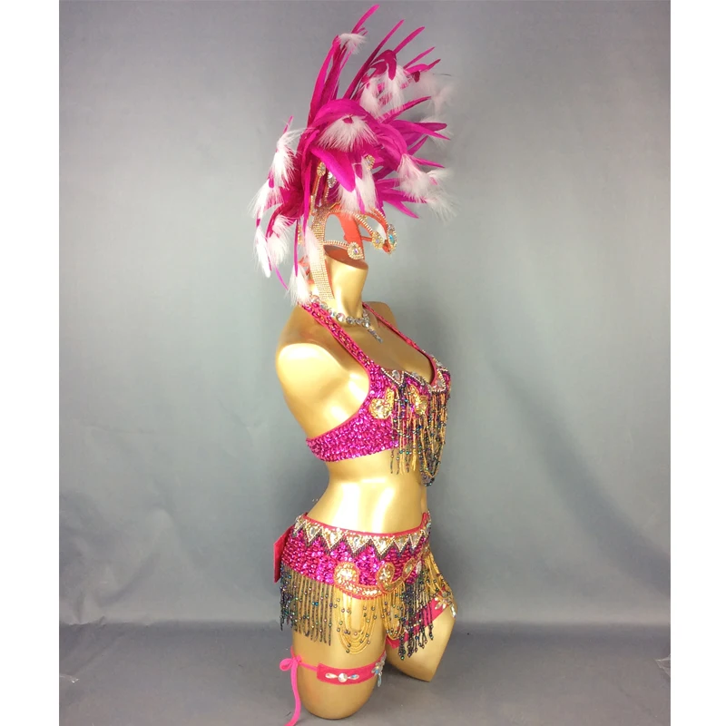 Handmade Sexy Samba Rio Carnival Costume For Women New Beaded Sequins Belly Dance Costume with hot pink Feather Head piece