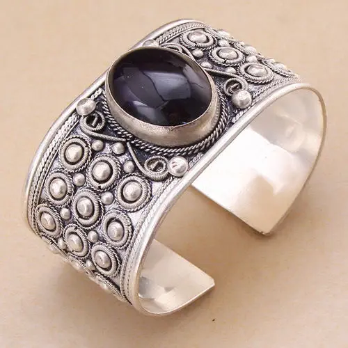 

Unique Tibetan Silver Cuff Bracelet Black Agate beads Jewelry for Women Girls or Men's