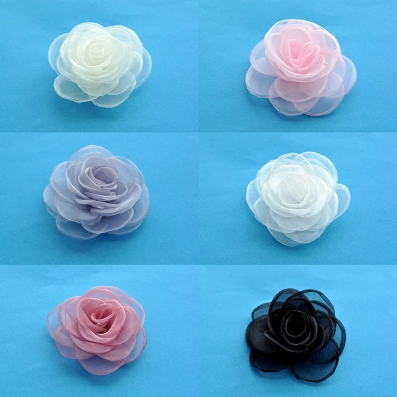 

120pcs/lot 4.3" 6colors Hair Clip Gauze Layered Flower For Kids Girls Hair Accessories Handmade Rose Fabric Flowers For Headband