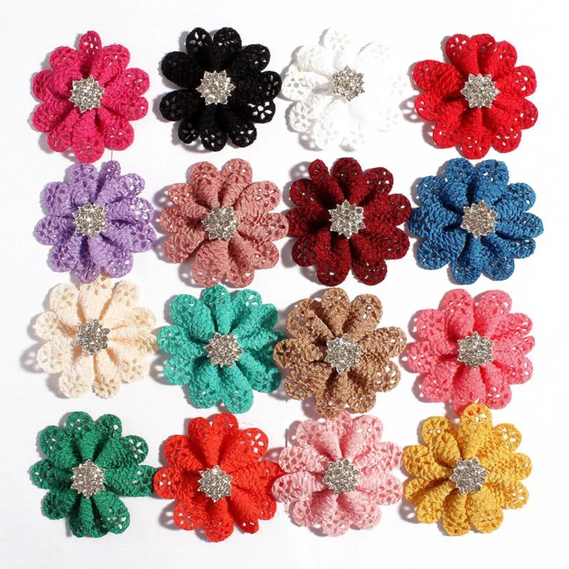 

10pcs/lot 5.5cm 16colors Hair Clips Hollow Out Flowers With Rhinestone Button For Hair Accessories Fabric Flowers For Headbands