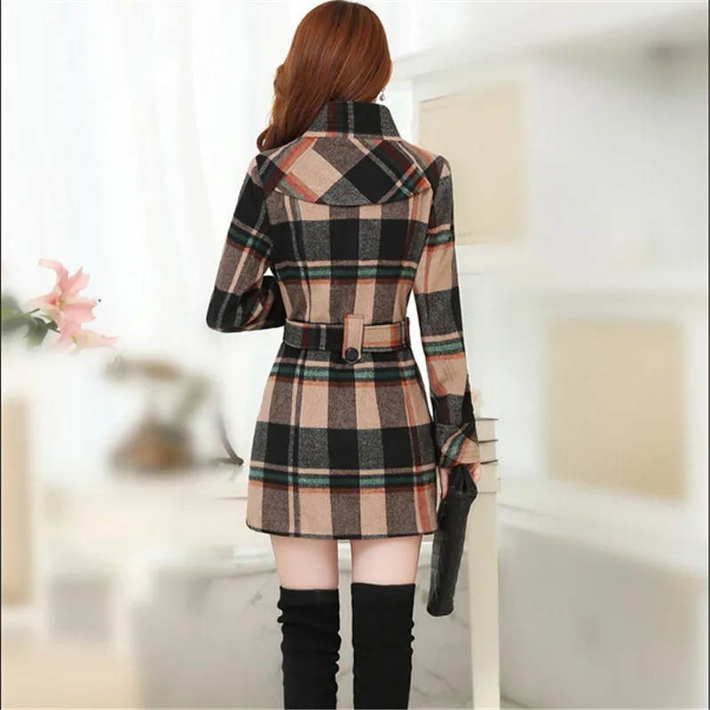 UHYTGF Women Clothes Cashmere Coat Wool Coat Women Tops Long Plaid Coat Latest Autumn Winter Belted Trench Coat Woman 1337