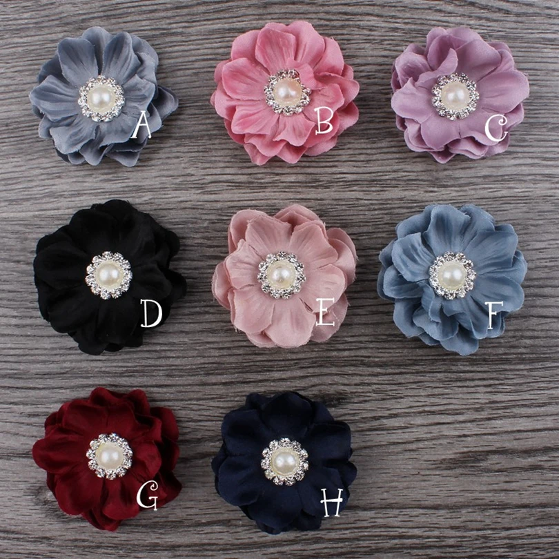 120pcs/lot 4.6cm 8colors Hair Clips Mini Felt Flower+Rhinestone Pearl Bead For Hair Accessories DIY Fabric Flowers For Headbands