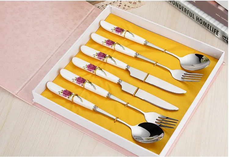 New 6pcs/set romantic rose Western Dinnerware Sets 410 Stainless steel +Ceramic Spoon/Fork/Knife/Chopsticks kit with  gift  box