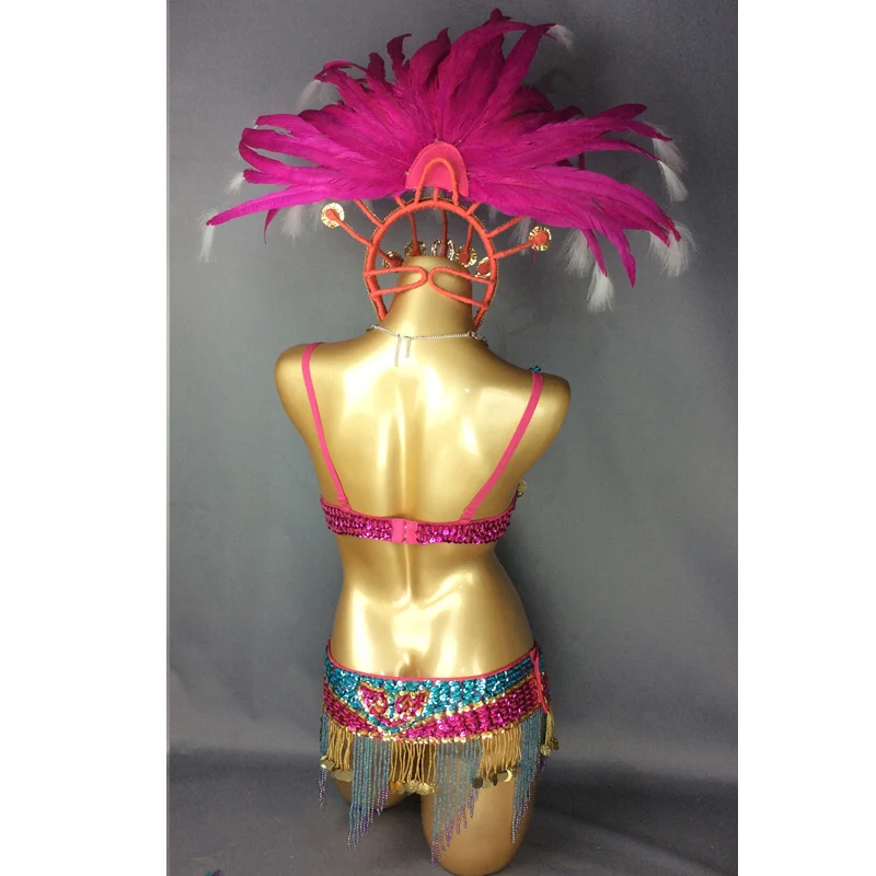 Sexy Samba Rio Carnival Costume For Women Handmade Beaded Sequins Belly Dance Costume Set Turquoise Hot pink Feather Head piece