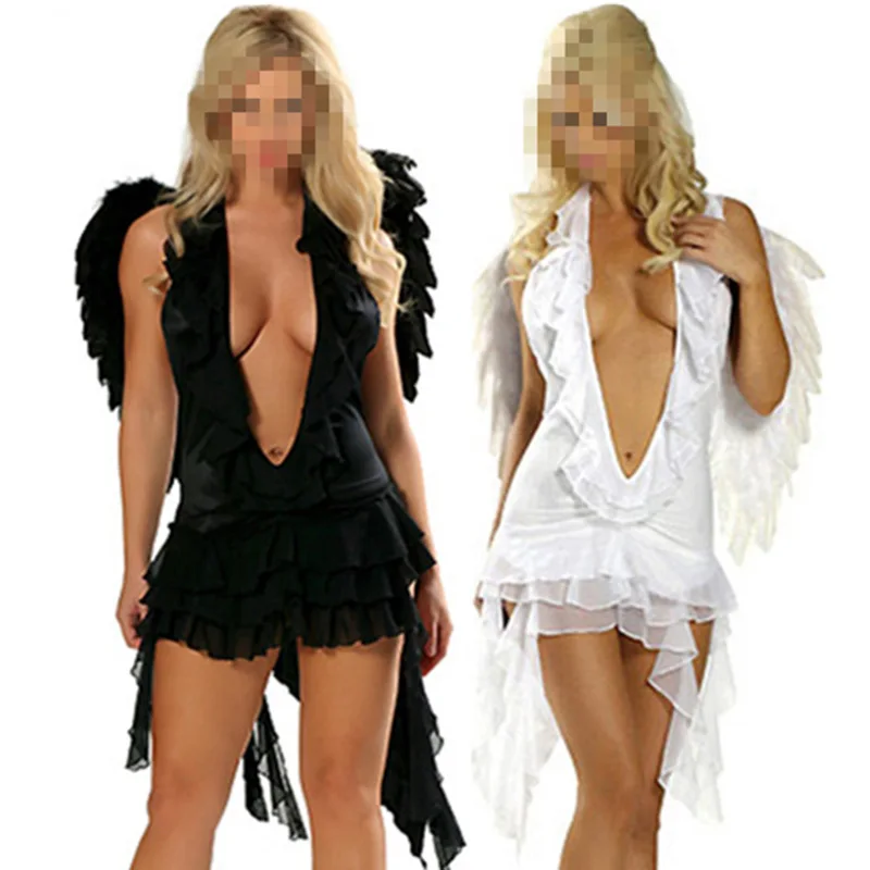 Cheap Front Open Black White Cosplay Party Costume Backless Sexy Female Halloween Costume Dress Carnival Adult Angel Costume