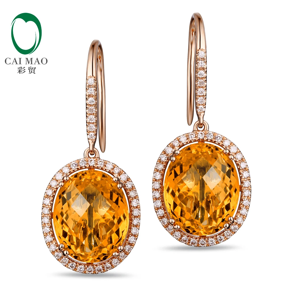 CaiMao 10KT/470 Rose Gold 7.91ct Natural Citrine 0.36ct Round Cut Diamond Engagement Gemstone Earrings Jewelry