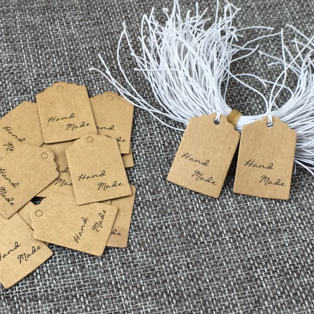 

3*2cm Hand Made Small Gift Tags Kraft Jewelry Blank Package Hang Tag Head Card DIY 200pcs Tags+200pcs Strings