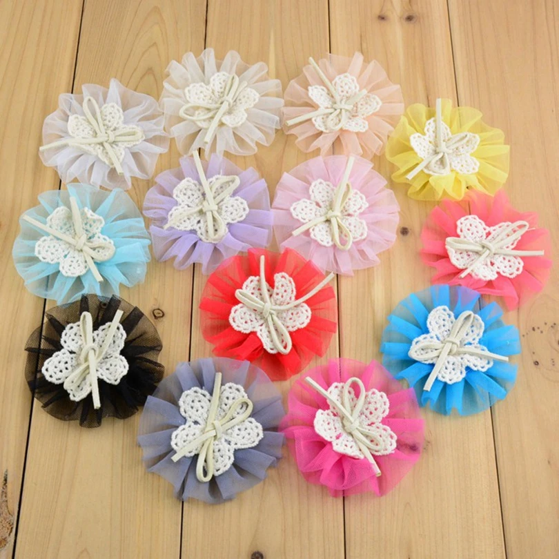 120pcs/lot 7.5cm 13colors Hair Clips Chiffon Mesh Flower For Girl Hair Accessories Handmade Lace Fabric Flowers For Headband DIY