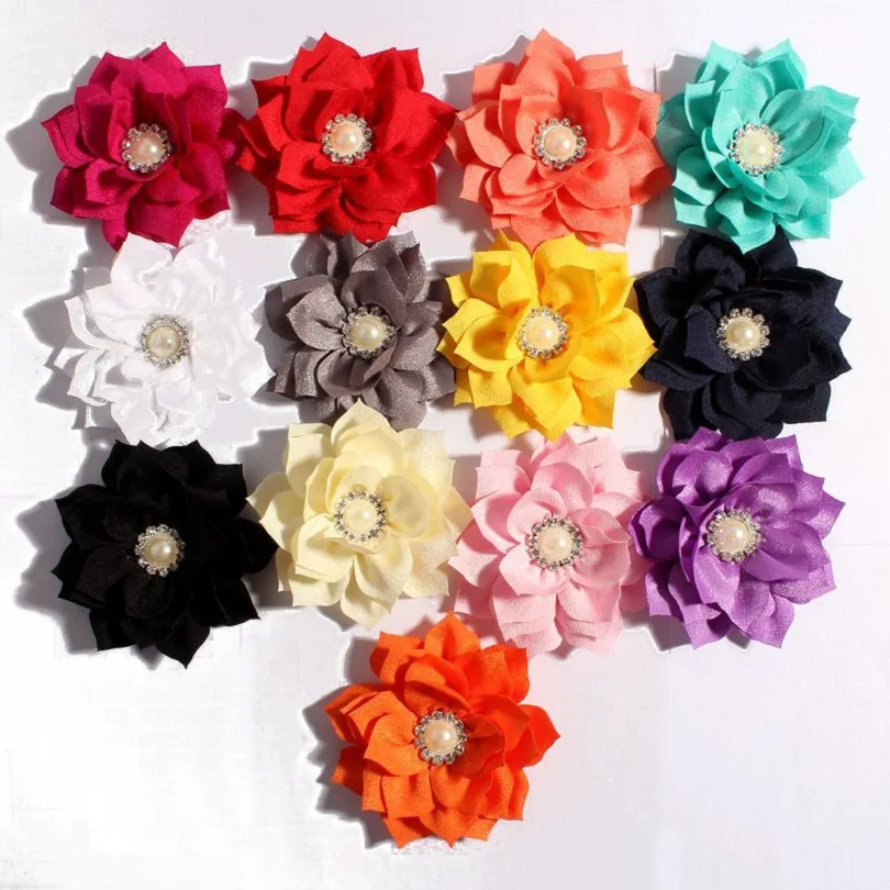 

10pcs/lot 3.6" 13colors Hair Clips Lotus Flower With Rhinestone Pearl Button For Hair Accessories Fabric Flowers For Headbands