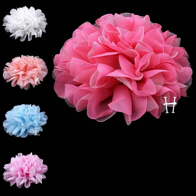 

120pcs/lot 5" 5 Colors Hair Clips Satin Flat Back Flower For Headwear Large Mesh tulle Fabric Flower For Children Accessories