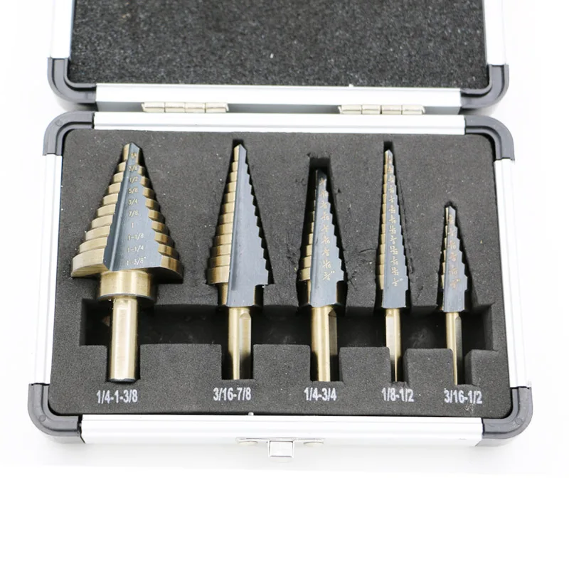 

New Arrival High Quality 5pcs/Set HSS COBALT MULTIPLE HOLE 50 Sizes STEP DRILL BIT SET w Aluminum Case