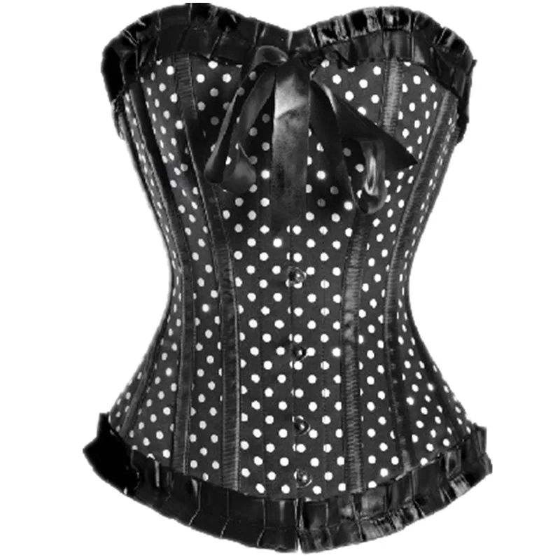 Pink Satin Polka Dot Burlesque Corset Sexy Front Buckle Overbust Lace Up Boned Corselet Women Slimming Waist Vintage Bustier Top