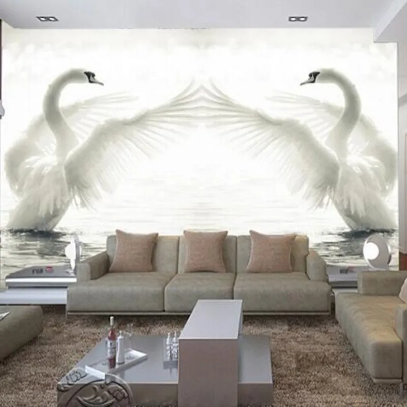 Customized size wallpaper, white swan playing in water mural, home decoration, swan lake water weeping willow mural decorative