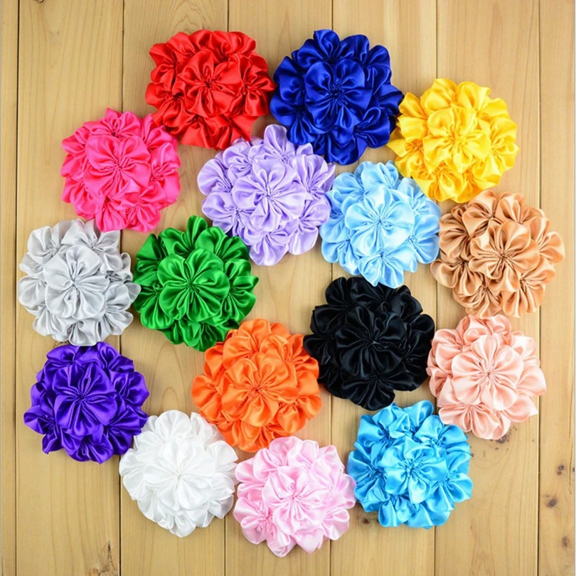 10pcs/lot 10CM 16colors Hair Clips Fashion Satin Hair Flower For Children Hair Accessories Handmade Fabric Flowers For Headbands