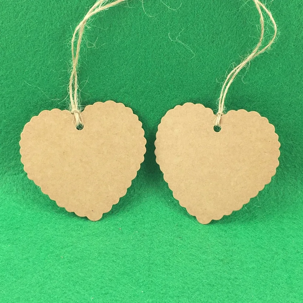 

6.5*5.5cm 200PCS Tags+200 Hemp Strings Kraft Lace Scallop Heart Shape Cradboard Label Tag Blank Jewelry Tags Accept custom logo